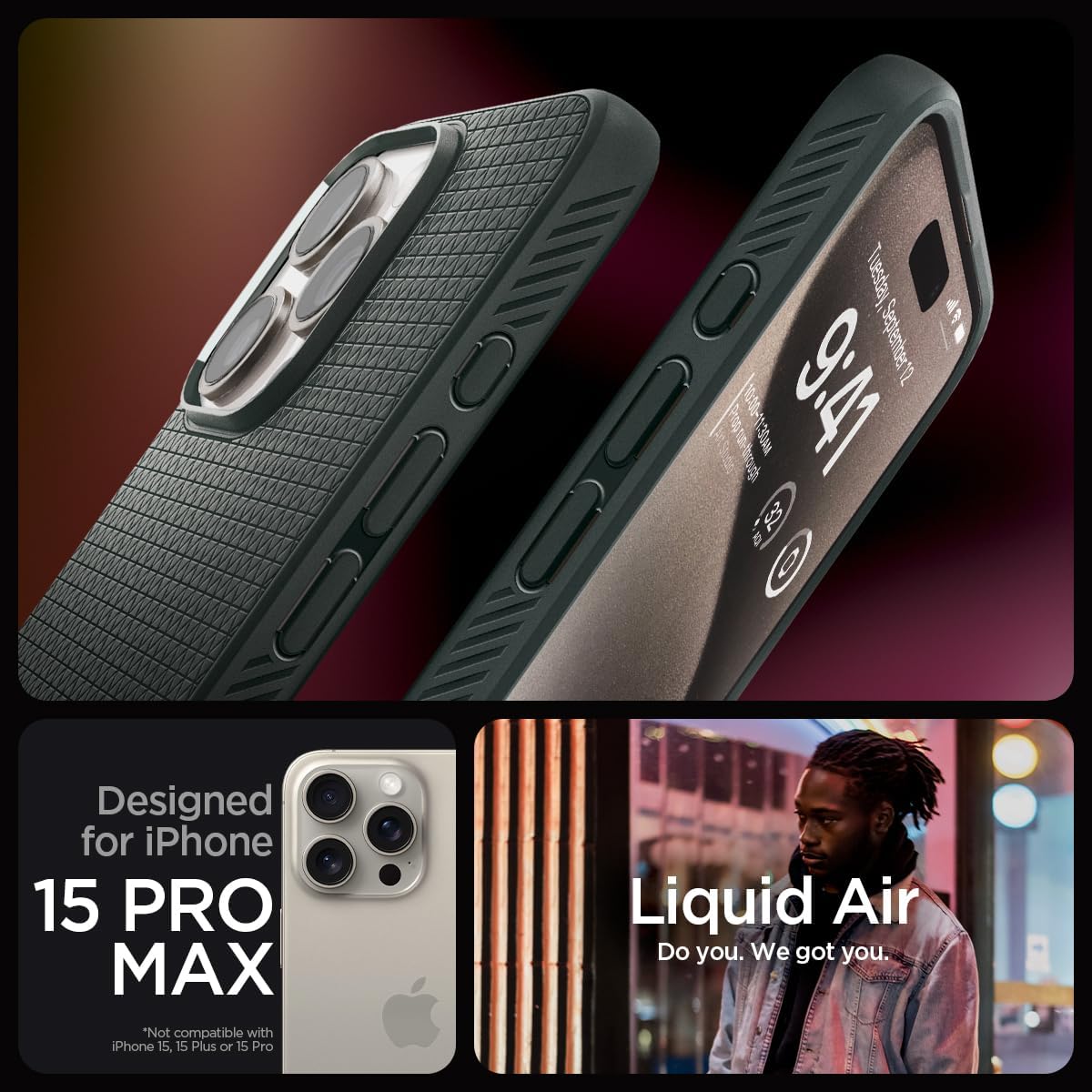 Spigen Liquid Air Designed for iPhone 15 Pro Max Case (2023) [Military-Grade Protection] - Abyss Green