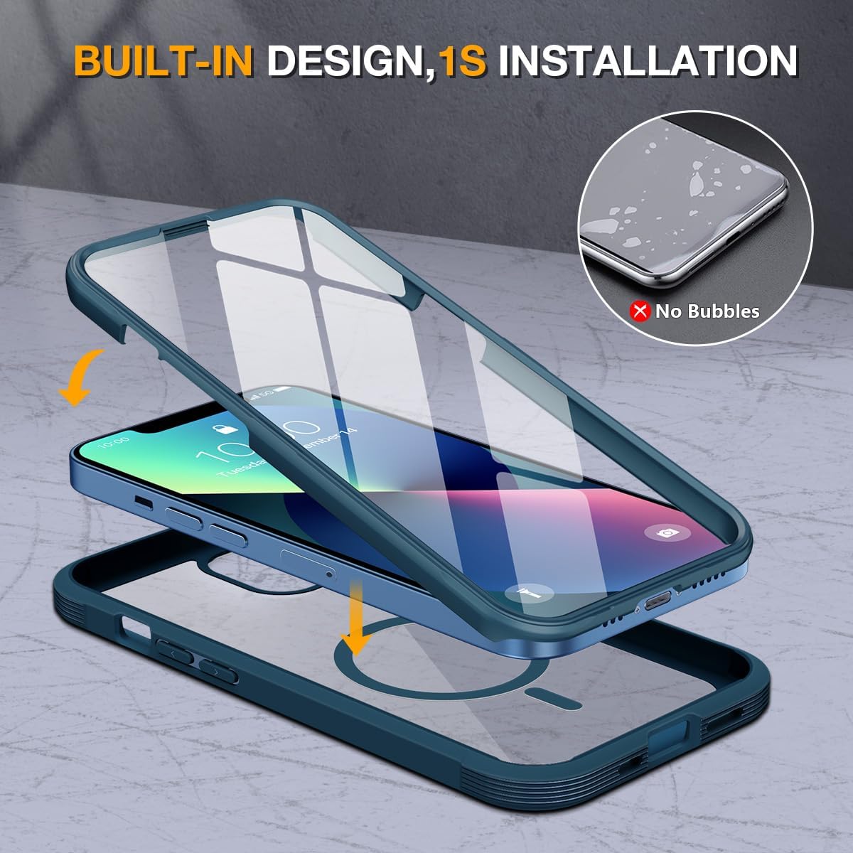 71Bl4G-BBkL._AC_SL1200_ Miracase for iPhone 13 Case 6.1'',Full-Body Magnetic Clear Bumper Case with Built-in 9H Tempered Glass Screen Protector,Military Drop Protection Outdoor Phone Case,Storm Blue