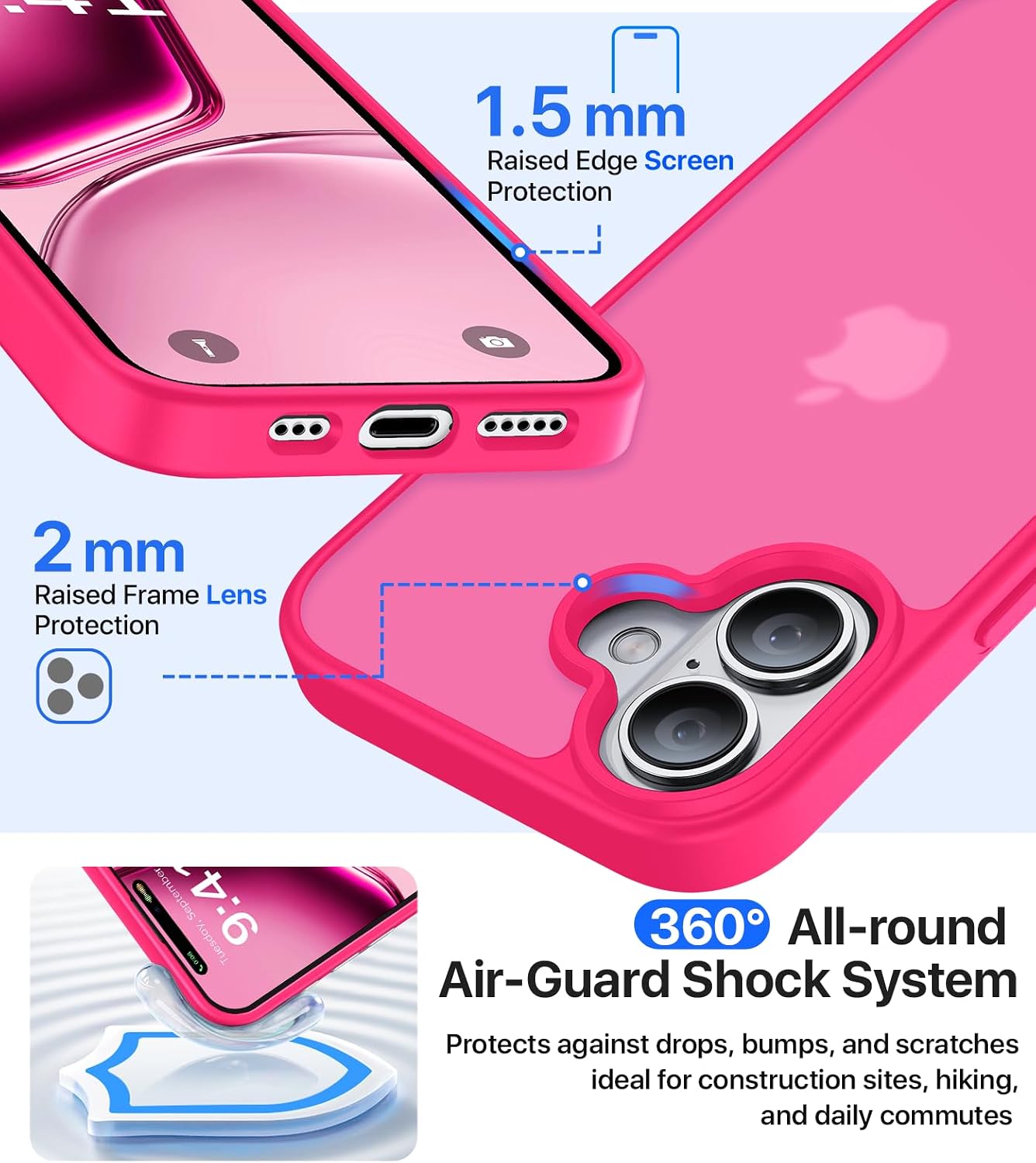 Eastinbox for iPhone 16 Case [16FT Military Grade Shockproof], Anti-Slip Anti-Scratch, Slim Translucent Frosted Matte Protective Cover, i Phone 16 Phone Case 6.1", Hotpink