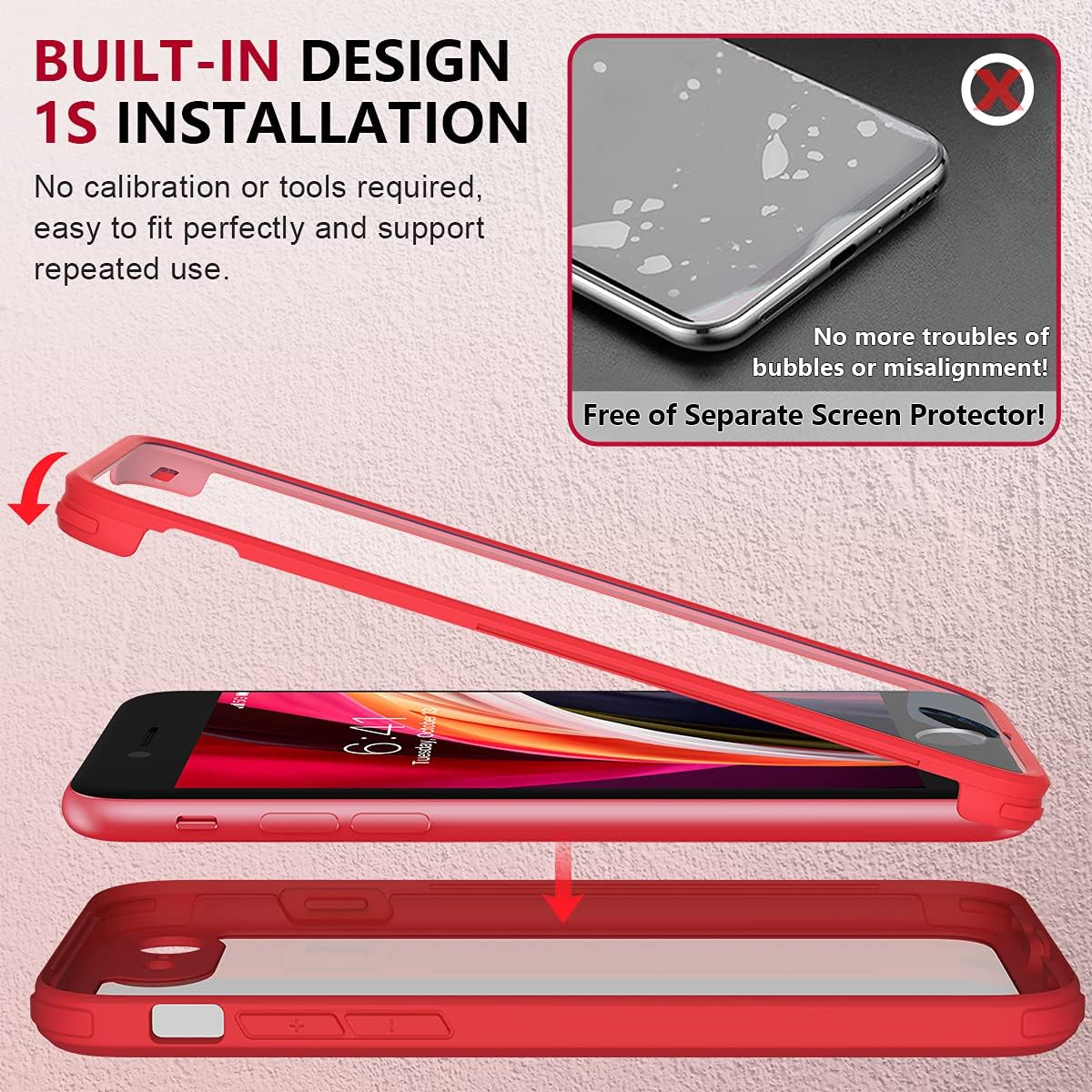 71CYhAbfKmS._AC_SL1200_ Miracase for iPhone SE Phone Case 3rd/2nd Generation 2022 2020 Full-Body with Built-in Glass Screen Protector, Heavy Duty 360° Protective Shockproof Bumper Cover for iPhone 8/SE 4.7 Inch, Red