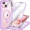 Miracase Glass Series for iPhone 15 Case [Compatible with MagSafe] Full-Body Magnetic Bumper Case with Built-in 9H Tempered Glass Screen Protector + Camera Lens Protector, Light Purple