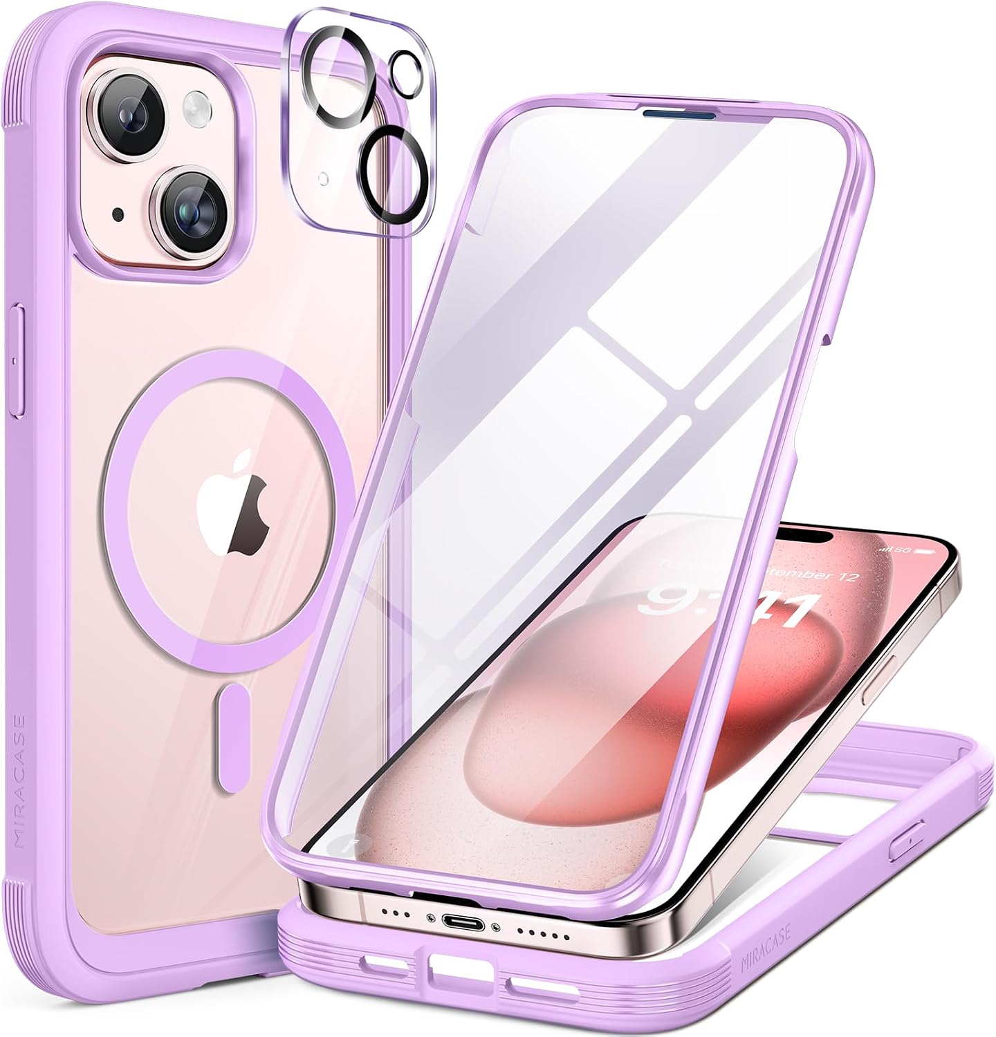 Miracase Glass Series for iPhone 15 Case [Compatible with MagSafe] Full-Body Magnetic Bumper Case with Built-in 9H Tempered Glass Screen Protector + Camera Lens Protector, Light Purple
