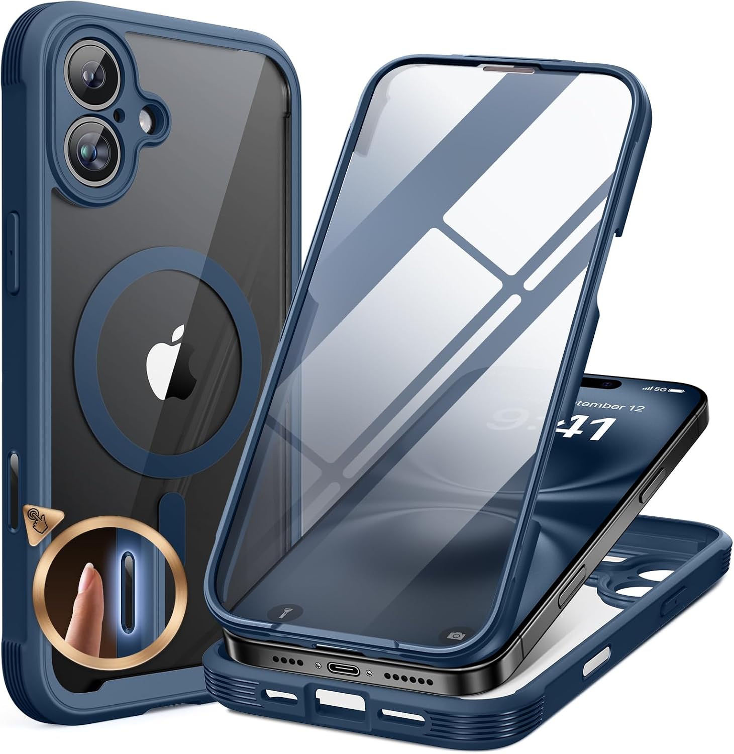 Miracase Magnetic for iPhone 16 Plus Case Full-Body Phone with Built-in Glass Screen Protector, [Compatible with MagSafe] Military Drop Proof 16 Plus Cover Bumper, Storm Blue