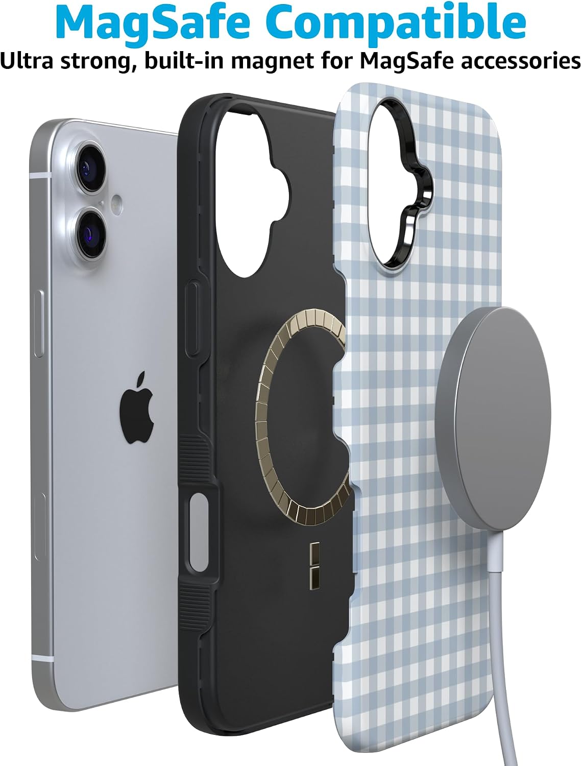 Casely iPhone 16 Case | Pastel Picnic | Blue Gingham | Bold Protective Design | Compatible with MagSafe