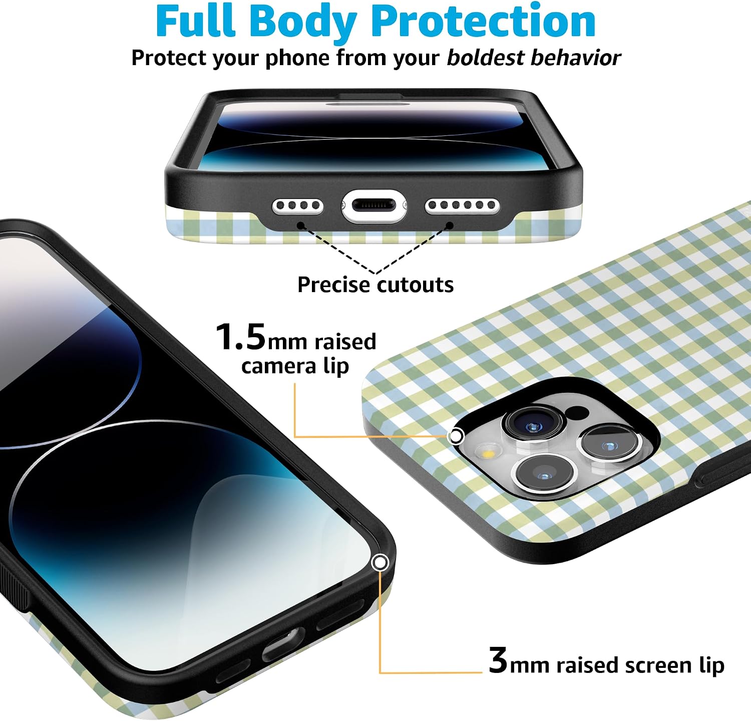 71GAqPqRGFL._AC_SL1500_ Casely iPhone 15 Pro Case | Pastel Picnic | Blue & Green Gingham | Bold Protective Design | Compatible with MagSafe