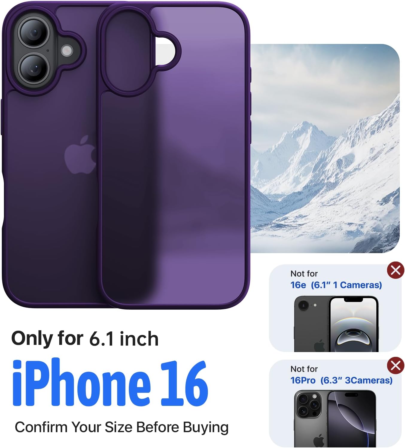 Eastinbox for iPhone 16 Case [16FT Military Grade Shockproof], Anti-Slip Anti-Scratch, Slim Translucent Frosted Matte Protective Cover, i Phone 16 Phone Case 6.1", Purple