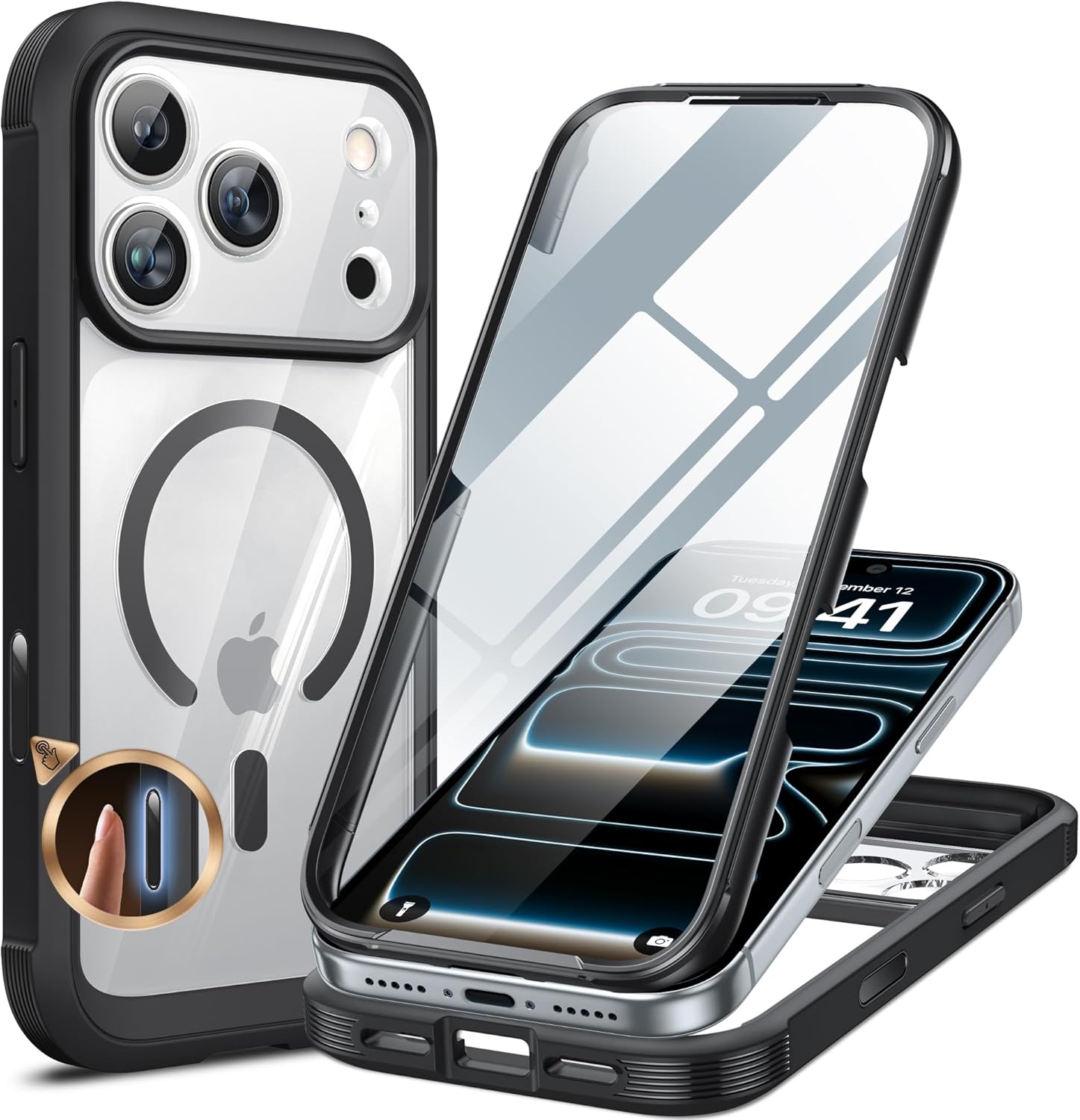 71GkWGli8ZL._AC_SL1500_ Miracase for iPhone 17 Pro Case 6.3", Full-Body Bumper Military Drop Protection Outdoor Phone Case with Built-in Glass Screen & Full Camera Protector,Camera Control,Compatible with MagSafe,Black