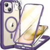 Miracase Glass Series for iPhone 15 Case [Compatible with MagSafe] Full-Body Magnetic Case with Built-in 9H Tempered Glass Anti-Fingerprint Screen Protector + Camera Lens Protector, Purple