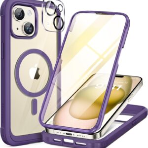 Miracase Glass Series for iPhone 15 Case [Compatible with MagSafe] Full-Body Magnetic Case with Built-in 9H Tempered Glass Anti-Fingerprint Screen Protector + Camera Lens Protector, Purple