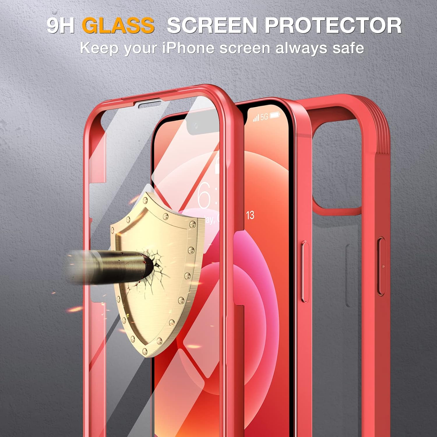71H7sYUTKUL._AC_SL1500_ Miracase Glass Series for iPhone 12/12 Pro Case 6.1 inch, Upgraded Full-Body Rugged Phone Bumper Case Cover with Built-in 9H Tempered Glass Screen Protector and Camera Protector, Red