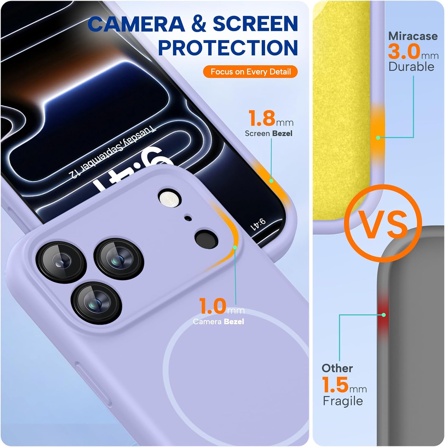 71HAGAxk4oL._AC_SL1500_ Miracase Magnetic for iPhone 17 Pro Case, Compatible with MagSafe, Integrated Silicone Camera Control Cover, 3.0mm Thicken Shockproof Drop Protection Phone Case for 17 Pro,Light Purple