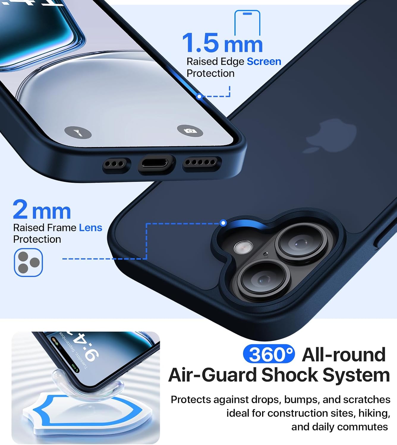 Eastinbox for iPhone 16 Case [16FT Military Grade Shockproof], Anti-Slip Anti-Scratch, Slim Translucent Frosted Matte Protective Cover, i Phone 16 Phone Case 6.1", Blue