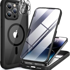 Miracase Glass Series Designed for iPhone 14 Pro Max Case 6.7 Inch, Upgrade Full-Body Magnetic Case with Built-in 9H Tempered Glass Screen Protector, with Camera Lens Protector, Magnetic Black