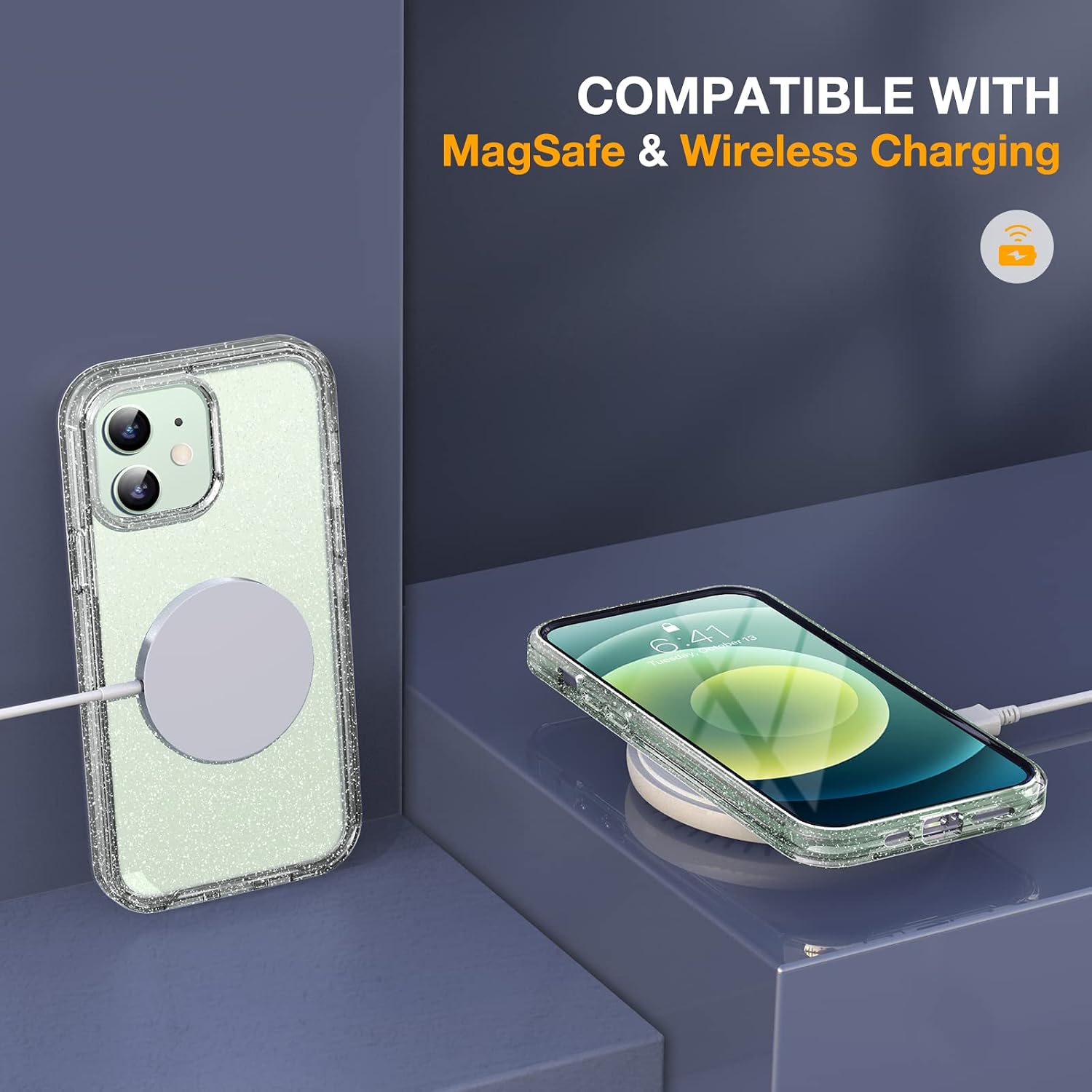 71JHiip8FL._AC_SL1500_ Miracase Glass Series for iPhone 12/12 Pro Case 6.1 inch, Upgraded Full-Body Rugged Phone Bumper Case Cover with Built-in 9H Tempered Glass Screen Protector and Camera Protector, Clear Glitter