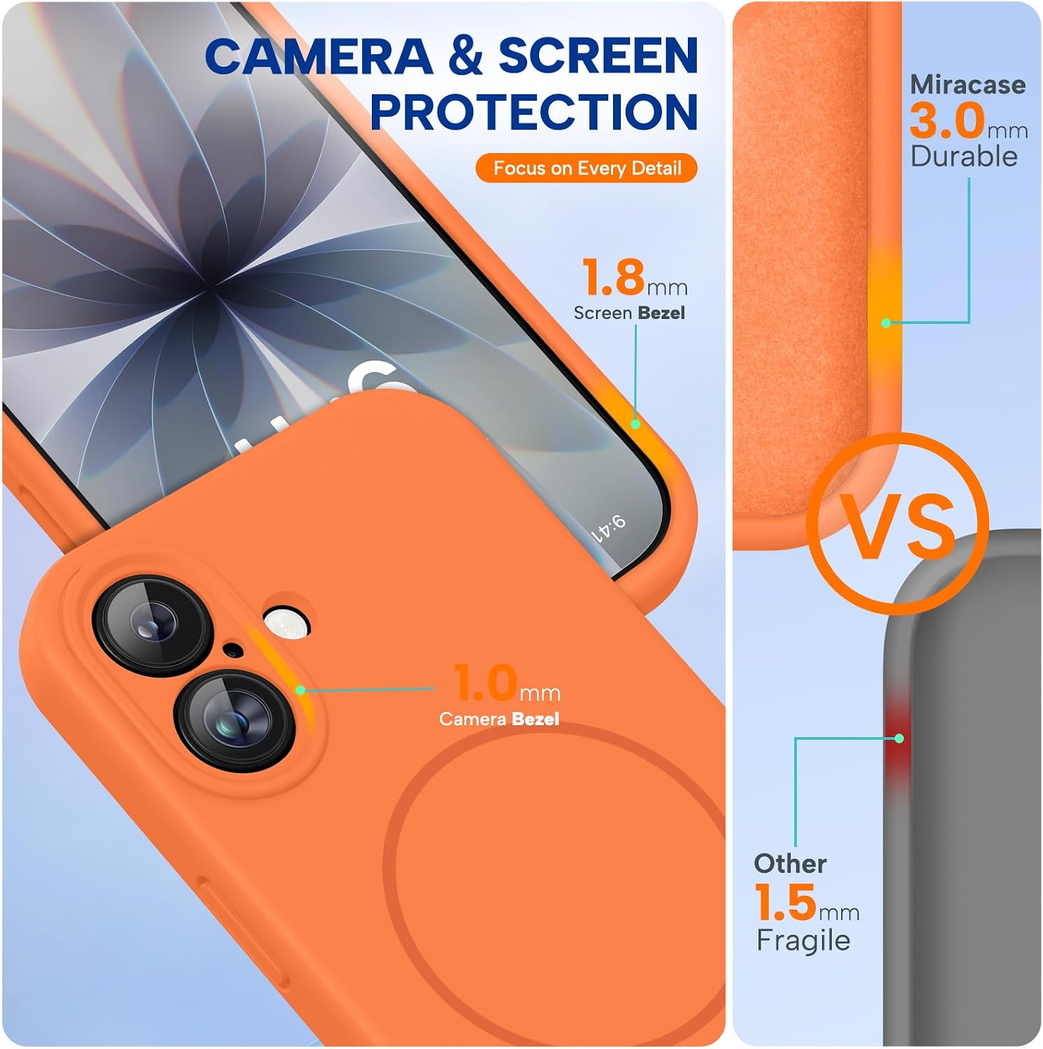 Miracase Magnetic for iPhone 17 Case, Compatible with MagSafe, Integrated Silicone Camera Control Cover, 3.0mm Thicken Shockproof Drop Protection Phone Case for 17,Sunset Orange