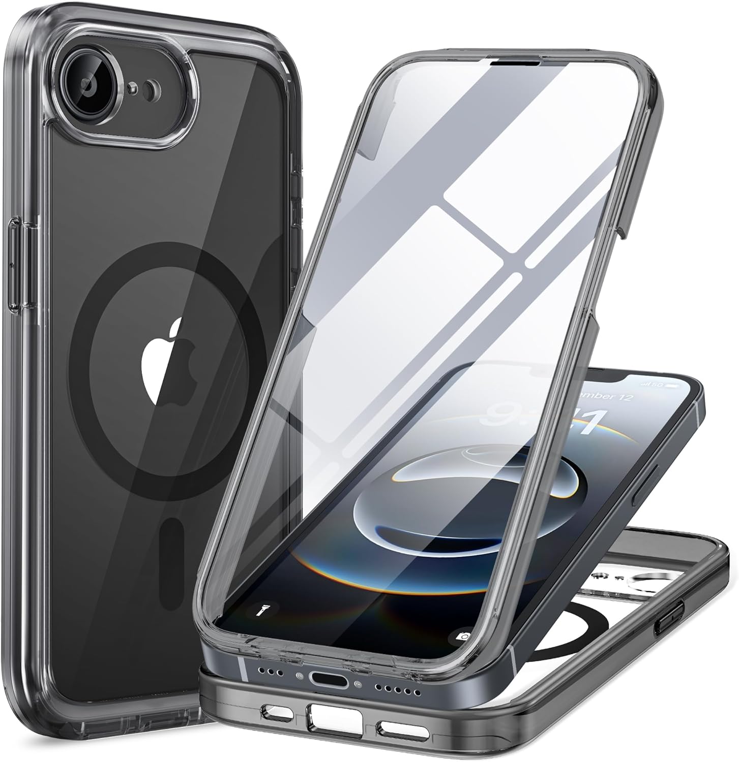 Miracase for iPhone 17e Case & iPhone 16e Case, Full-Body Phone with Built-in Glass Screen Protector, [Magnetic with MagSafe] Military Drop Proof 17 E/ 16 E Cover, Clear Black