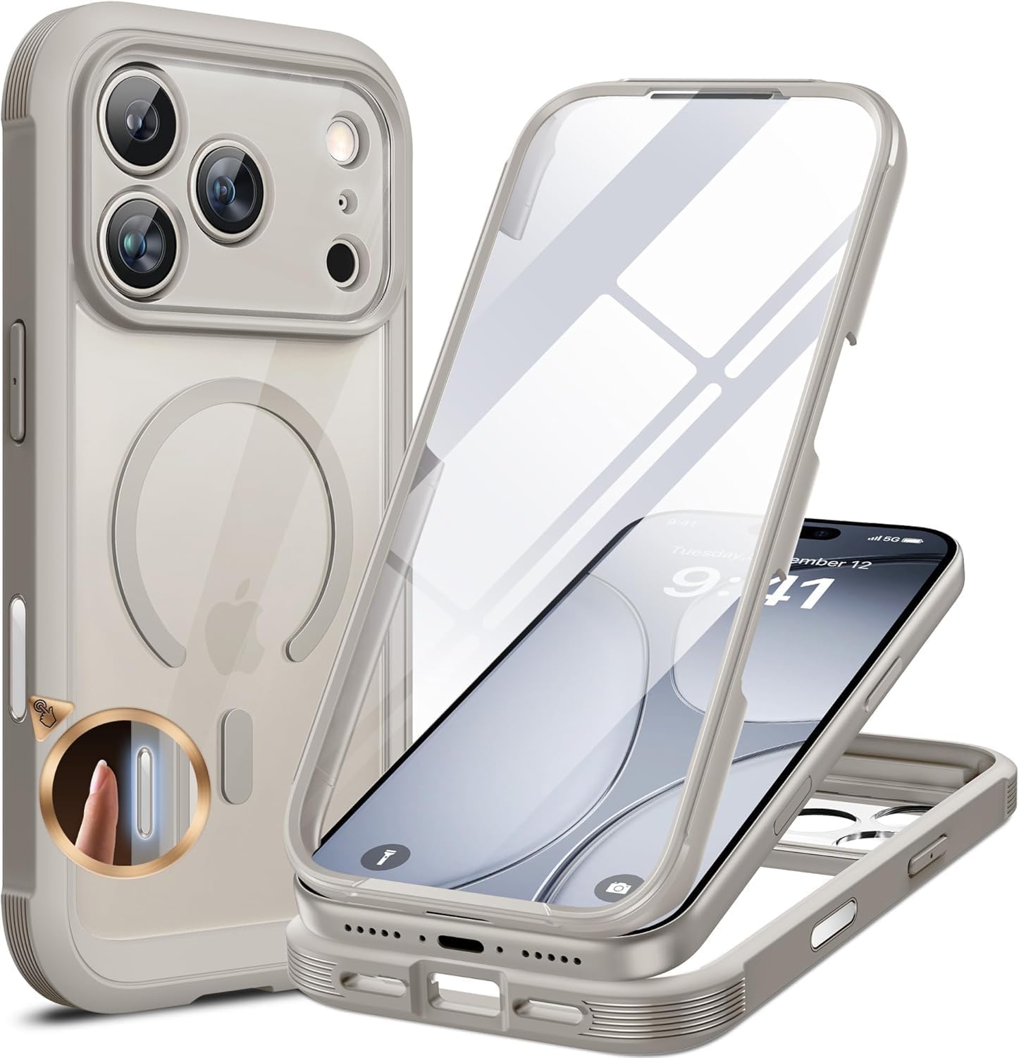 Miracase for iPhone 17 Pro Max Case 6.9" Full-Body Phone Case with Built-in Glass Screen Protector& Full Camera Protector,[Magnetic with MagSafe] Drop Proof 17 ProMax Cover, Grey Titanium