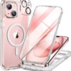 Miracase Glass Series for iPhone 15 Case [Compatible with MagSafe] Full-Body Magnetic Case with Built-in 9H Tempered Glass Anti-Fingerprint Screen Protector + Camera Lens Protector, Clear