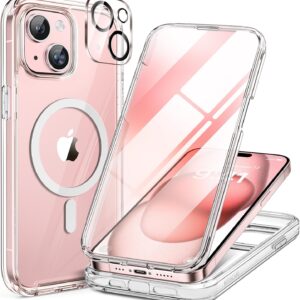Miracase Glass Series for iPhone 15 Case [Compatible with MagSafe] Full-Body Magnetic Case with Built-in 9H Tempered Glass Anti-Fingerprint Screen Protector + Camera Lens Protector, Clear