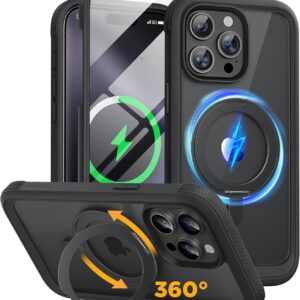 Miracase for iPhone 15 Pro Max Case with 360° Magnetic Ring Stand [Compatible with Magsafe] Full-Body Drop Proof Bumper Phone Case with Built-in 9H Tempered Glass Screen Protector,Black