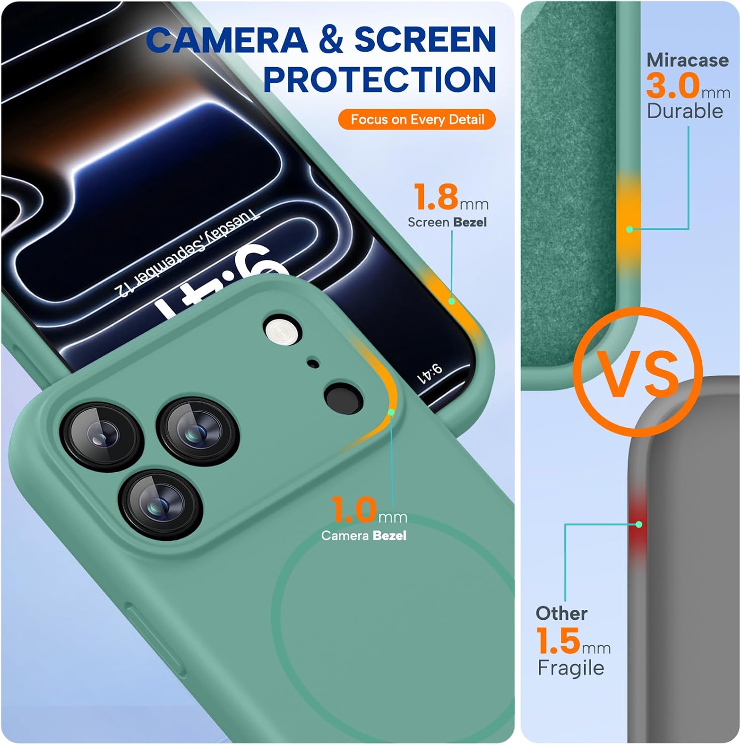 71Lj3nQDvyL._AC_SL1500_ Miracase Magnetic for iPhone 17 Pro Case, Compatible with MagSafe, Integrated Silicone Camera Control Cover, 3.0mm Thicken Shockproof Drop Protection Phone Case for 17 Pro,Midnight Green