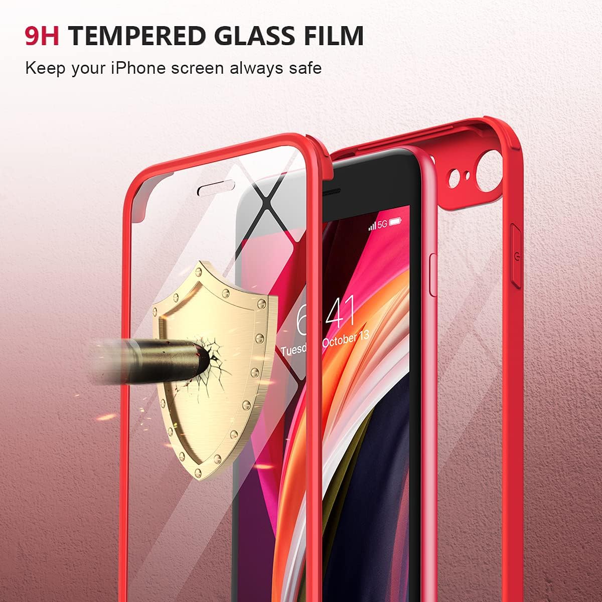 71MRDe8c46S._AC_SL1200_ Miracase for iPhone SE Phone Case 3rd/2nd Generation 2022 2020 Full-Body with Built-in Glass Screen Protector, Heavy Duty 360° Protective Shockproof Bumper Cover for iPhone 8/SE 4.7 Inch, Red