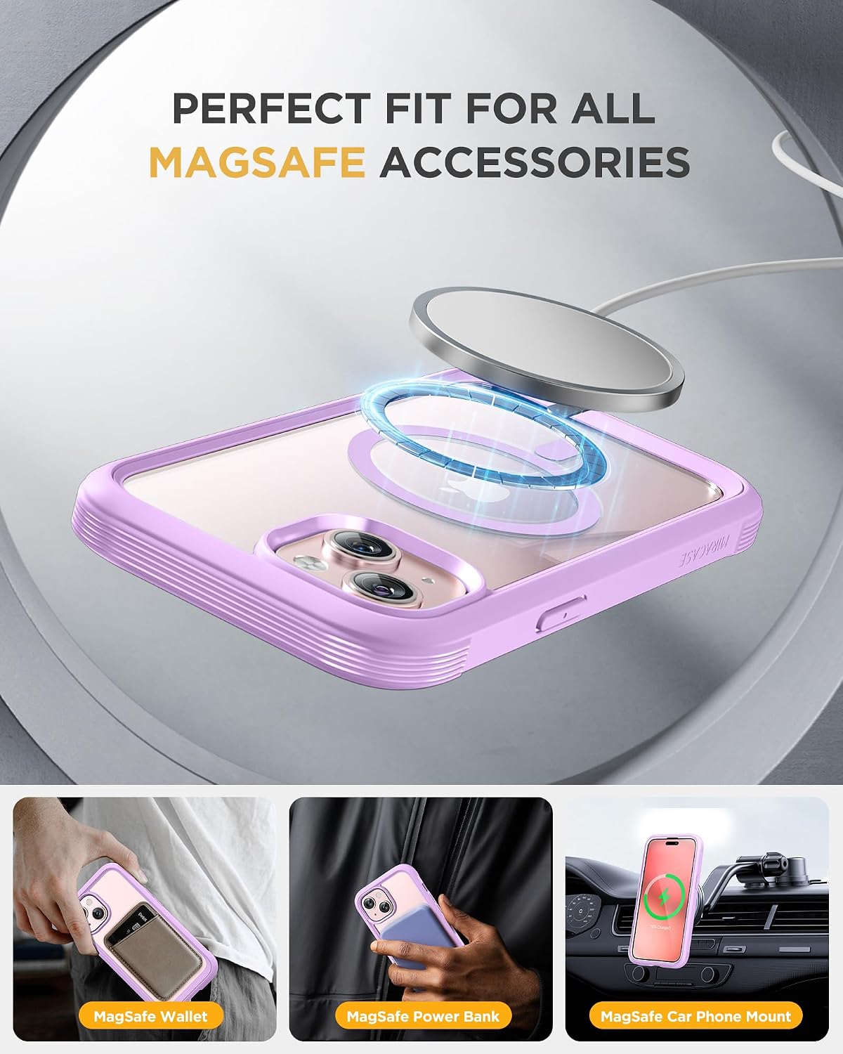 Miracase Glass Series for iPhone 15 Case [Compatible with MagSafe] Full-Body Magnetic Bumper Case with Built-in 9H Tempered Glass Screen Protector + Camera Lens Protector, Light Purple