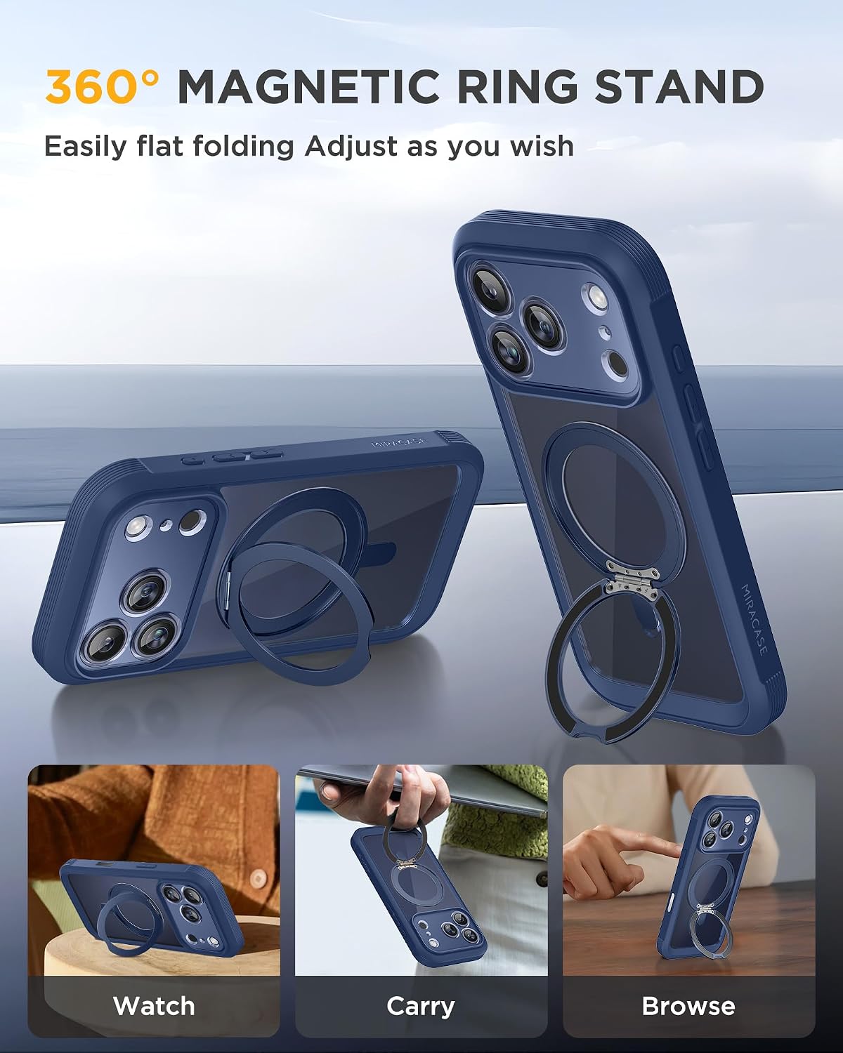 Miracase for iPhone 17 Pro Max Case with 360° Magnetic Ring Stand [Magnetic with Magsafe] Full-Body Drop Proof Bumper Phone Case with Built-in 11H Tempered Glass Screen Protector,Blue