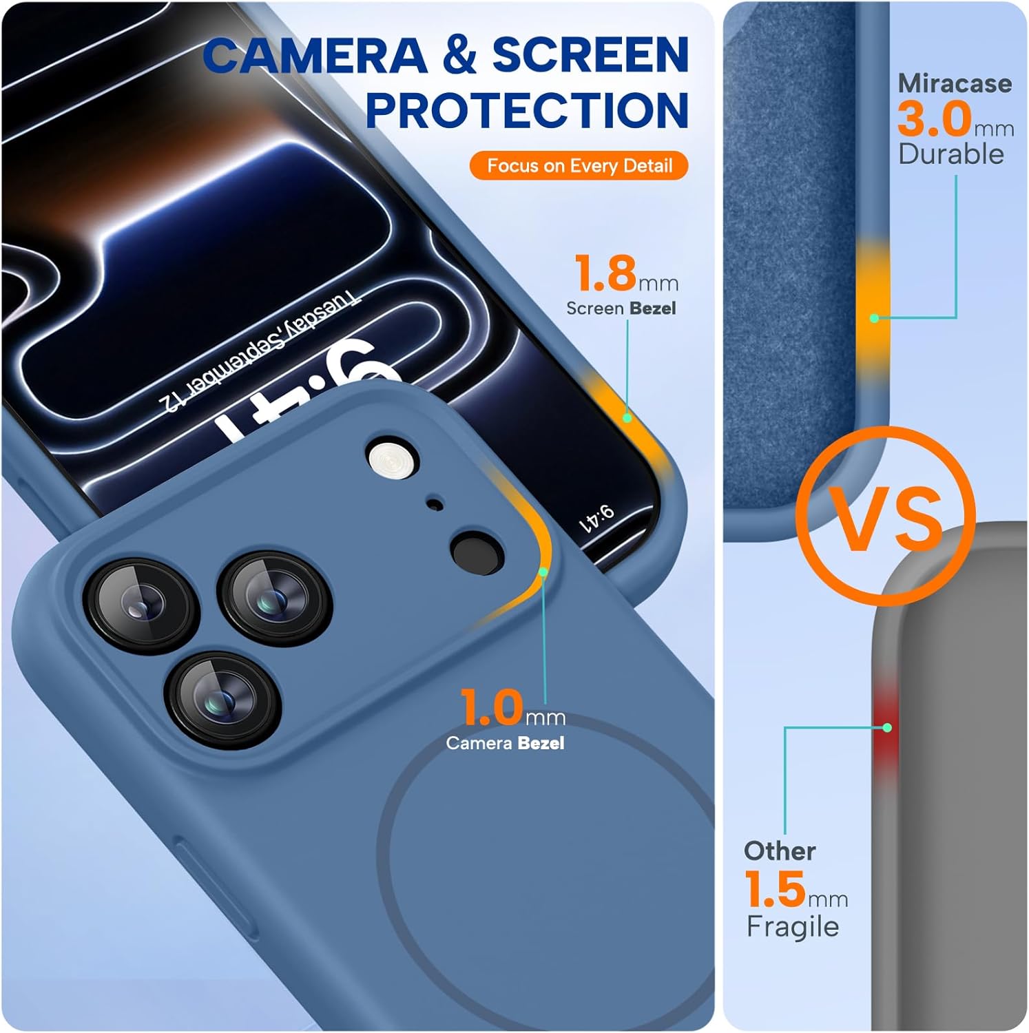 Miracase Magnetic for iPhone 17 Pro Case, Compatible with MagSafe, Integrated Silicone Camera Control Cover, 3.0mm Thicken Shockproof Drop Protection Phone Case for 17 Pro,Glass Blue
