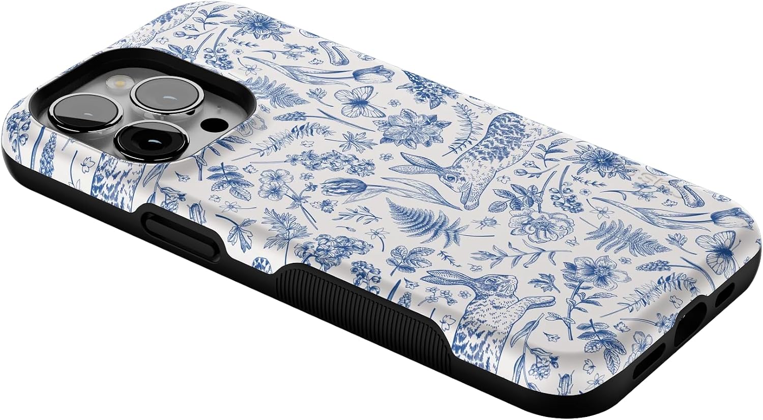 Casely iPhone 13 Pro Case | Blue Vintage Rabbits in Spring Flowers | Compatible with MagSafe | Bold Protective Design