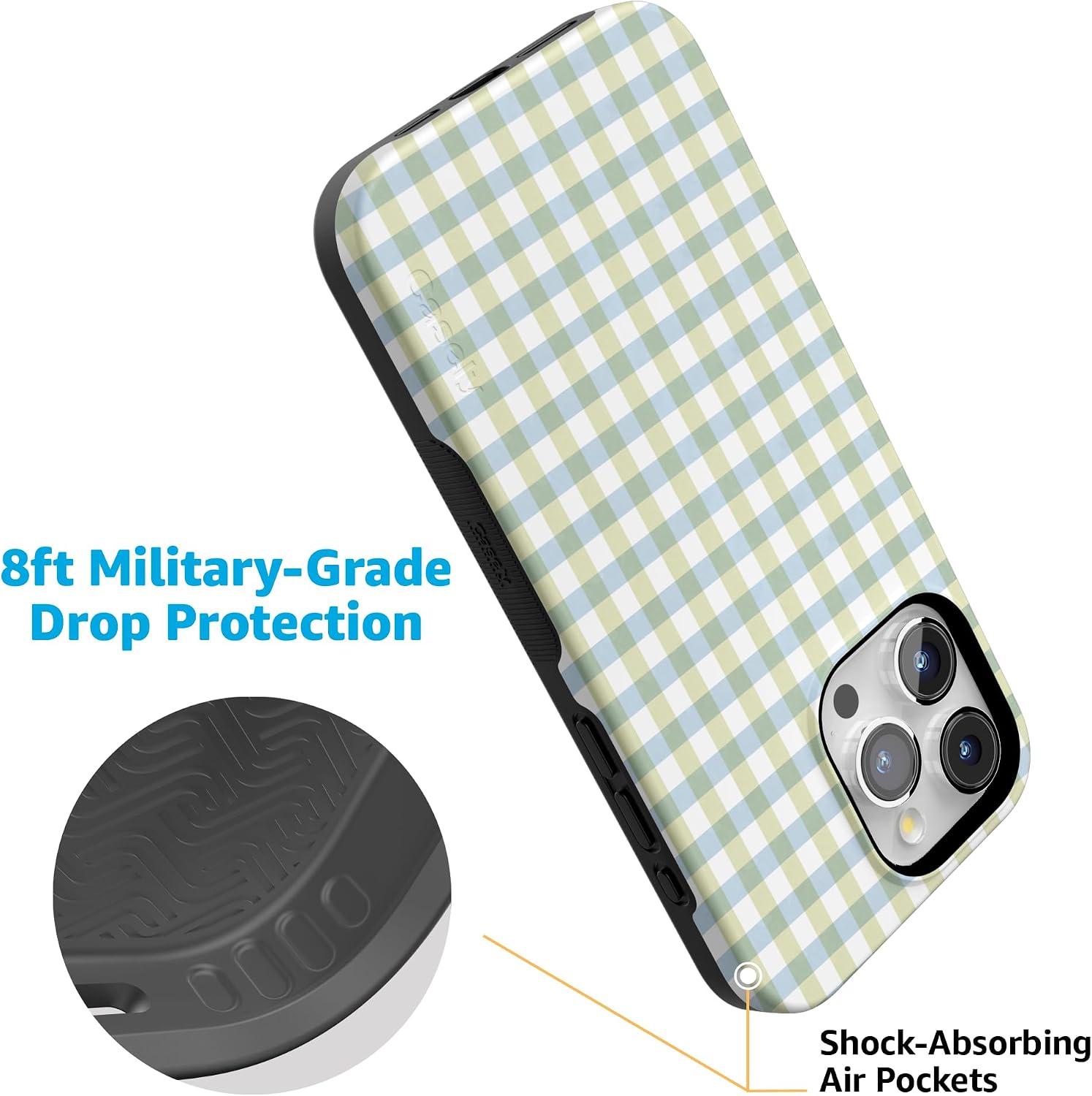71OdmrePXxL._AC_SL1500_ Casely iPhone 15 Pro Case | Pastel Picnic | Blue & Green Gingham | Bold Protective Design | Compatible with MagSafe