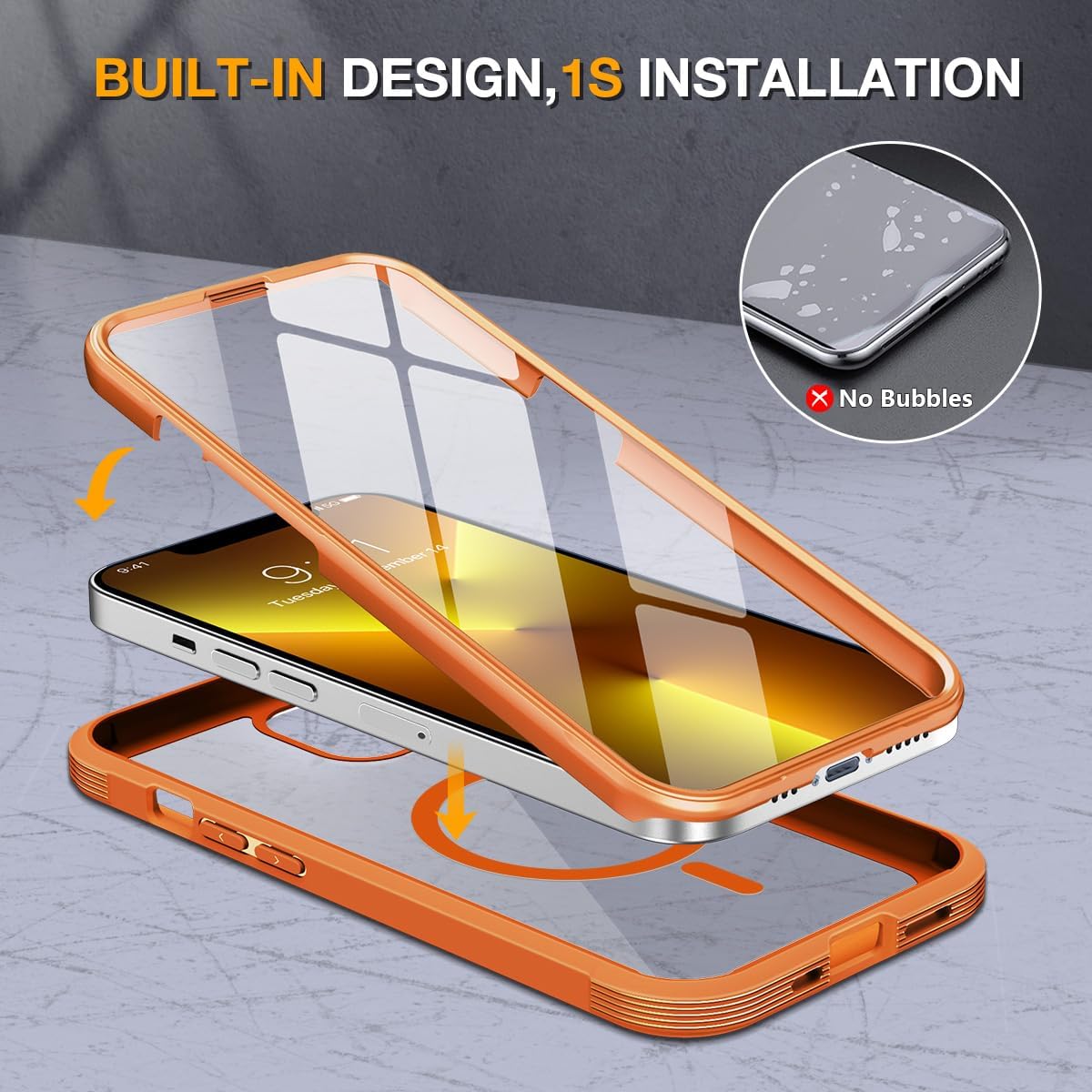 Miracase for iPhone 13 Pro Case 6.1",Full-Body Protection,Clear Bumper Case with Built-in 9H Tempered Glass Screen Protector,Military-Grade Drop Protection Outdoor Phone Case for iPhone 13 Pro,Orange