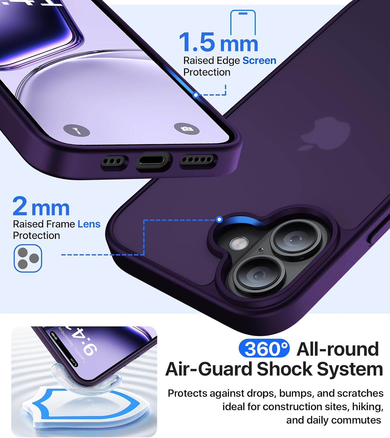 Eastinbox for iPhone 17 Case [16FT Military Grade Shockproof], Anti-Slip Anti-Scratch, Slim Translucent Frosted Matte Phone Cover, Case for i Phone17 6.3", Purple
