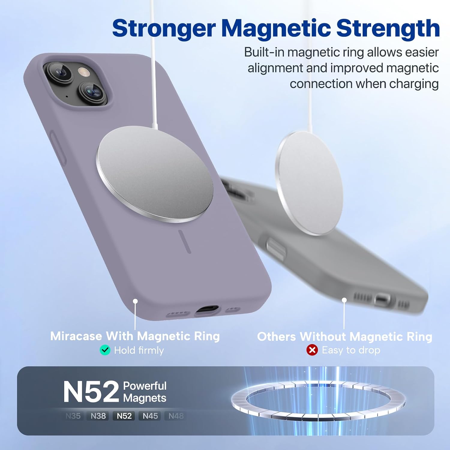 Miracase Magnetic for iPhone 13 Case, [Soft Anti-Scratch Microfiber Lining], Compatible with MagSafe, Liquid Silicone Case Shockproof Drop Protection Phone Case for 13, Lavender Gray