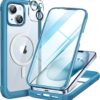 Miracase Glass Series for iPhone 15 Case [Compatible with MagSafe] Full-Body Magnetic Bumper Case with Built-in 9H Tempered Glass Anti-Fingerprint Screen Protector + Camera Lens Protector, Sea Blue