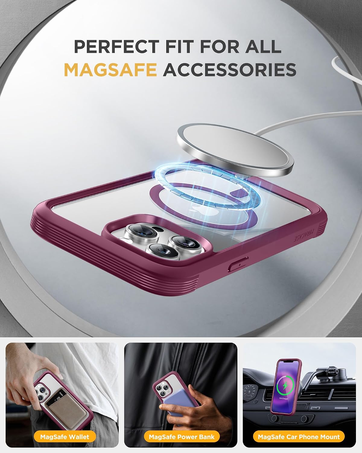71Rc0sSHm7L._AC_SL1500_ Miracase Magnetic for iPhone 13 Pro Max Case 6.7 inch, (Compatible with MagSafe) Upgrade Full-Body Clear Phone Bumper Case with Built-in 9H Tempered Glass Screen Protector, Magnetic Wine Red