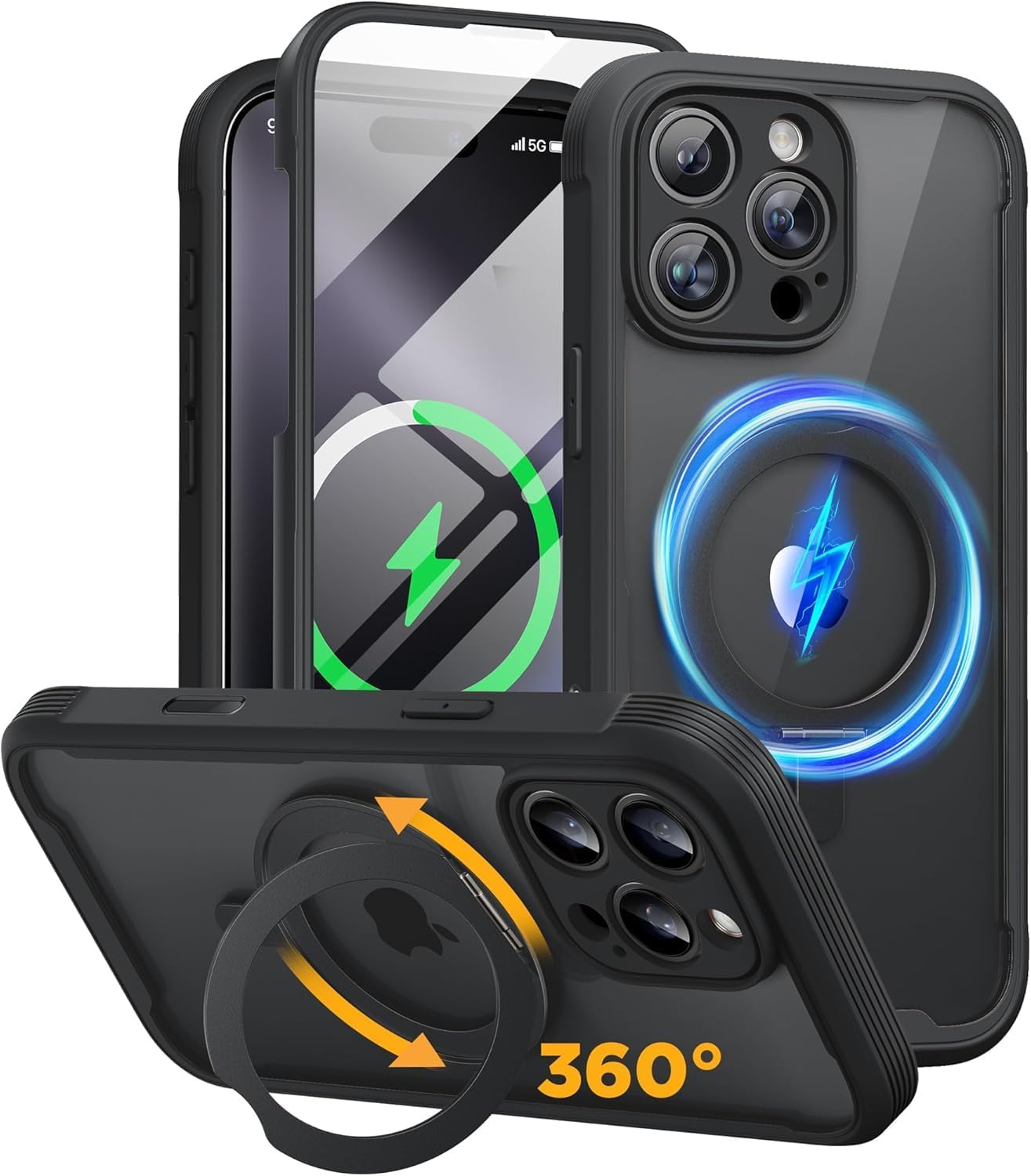 Miracase for iPhone 16 Pro Case with 360° Magnetic Ring Stand [Compatible with Magsafe] Full-Body Drop Proof Bumper Phone Case with Built-in 9H Tempered Glass Screen Protector,Black