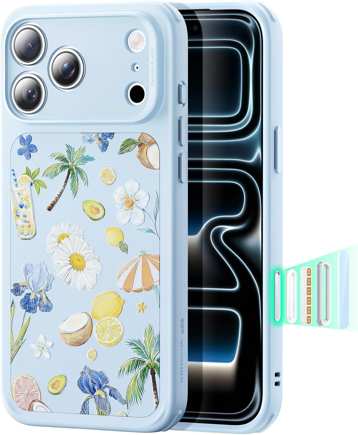 71SDYRHGdRL._AC_SL1500_ ESR for iPhone 17 Pro Case, Camera Control Cover, Compatible with MagSafe, Shockproof Military-Grade Protection, Magnetic Case for iPhone 17 Pro, Classic Hybrid, Tropical Paradise, Light Blue