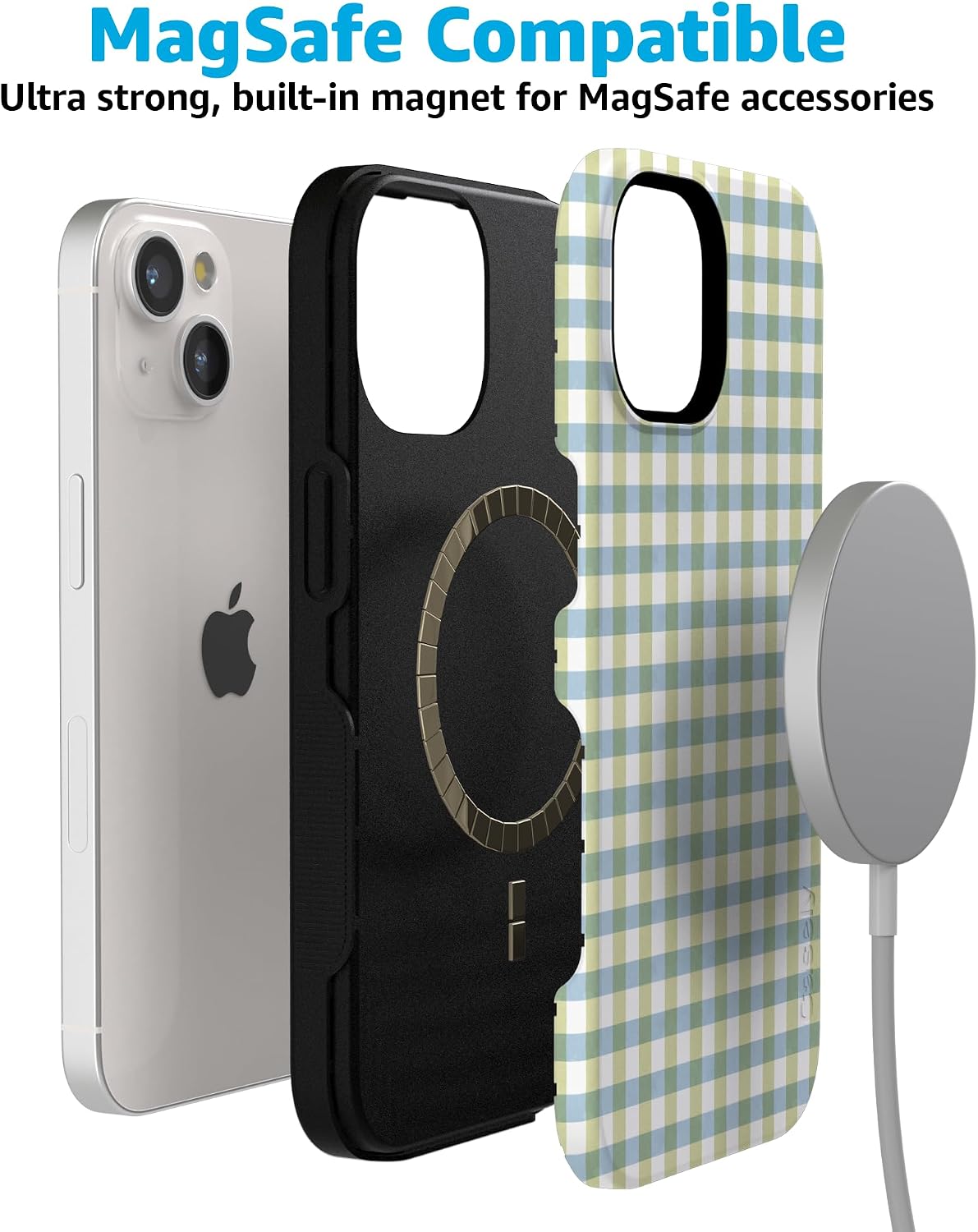 71SGQntppL._AC_SL1500_ Casely iPhone 15 Case | Pastel Picnic | Blue & Green Gingham | Bold Protective Design | Compatible with MagSafe