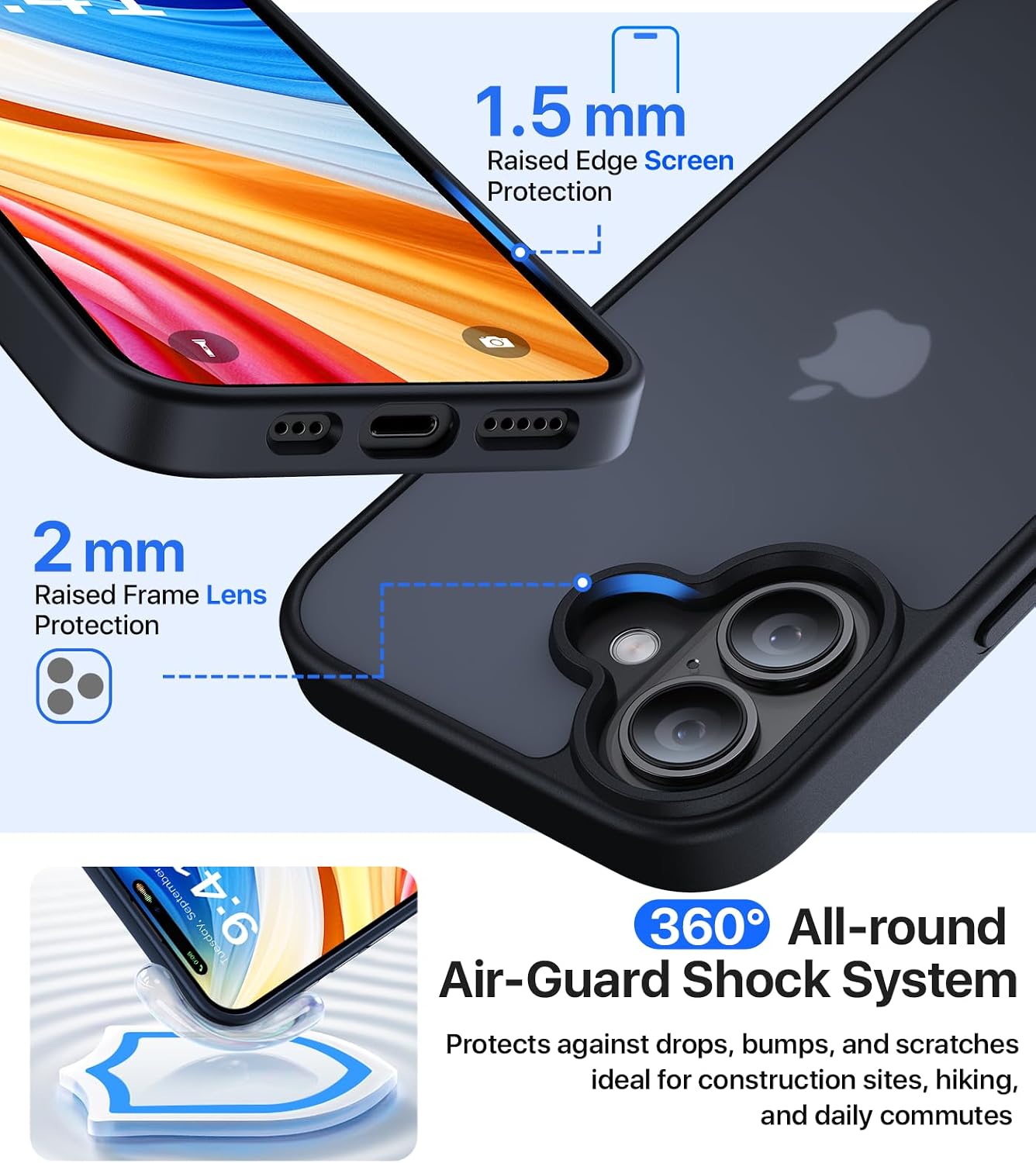 Eastinbox for iPhone 17 Case [16FT Military Grade Shockproof], Anti-Slip Anti-Scratch, Slim Translucent Frosted Matte Phone Cover, Case for i Phone17 6.3", Black