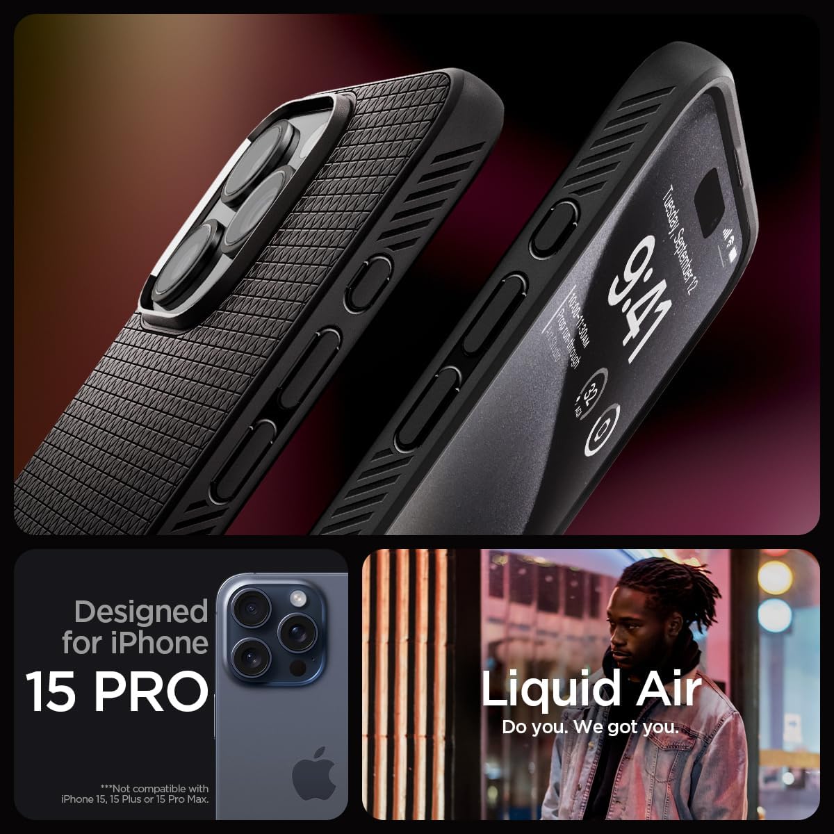 Spigen Liquid Air Designed for iPhone 15 Pro Case (2023) [Military-Grade Protection] - Matte Black