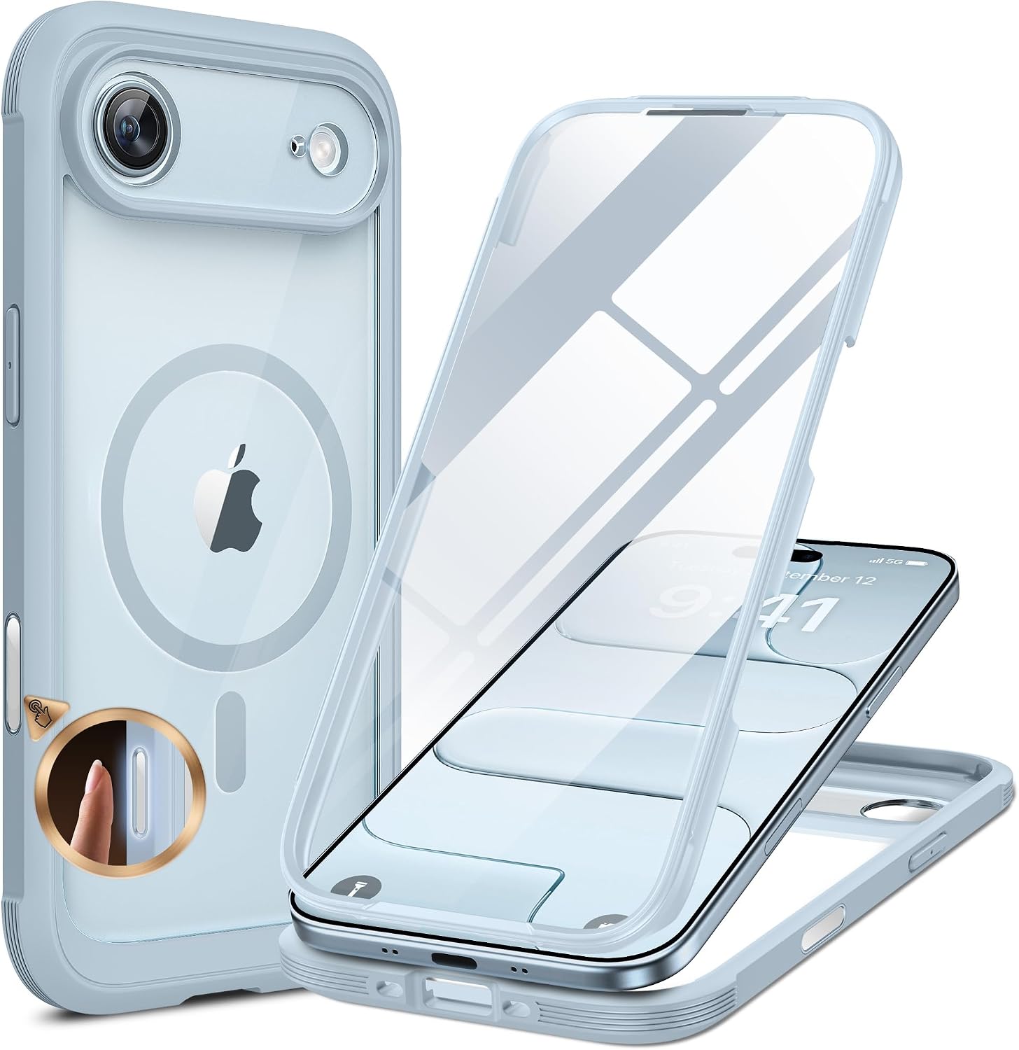 Miracase Magnetic for iPhone Air Case 6.5" [Compatible with MagSafe] Full-Body Phone Case with Built-in Glass Screen Protector & Camera Control,Drop Proof iPhone 17 Air Case Cover, Light Blue