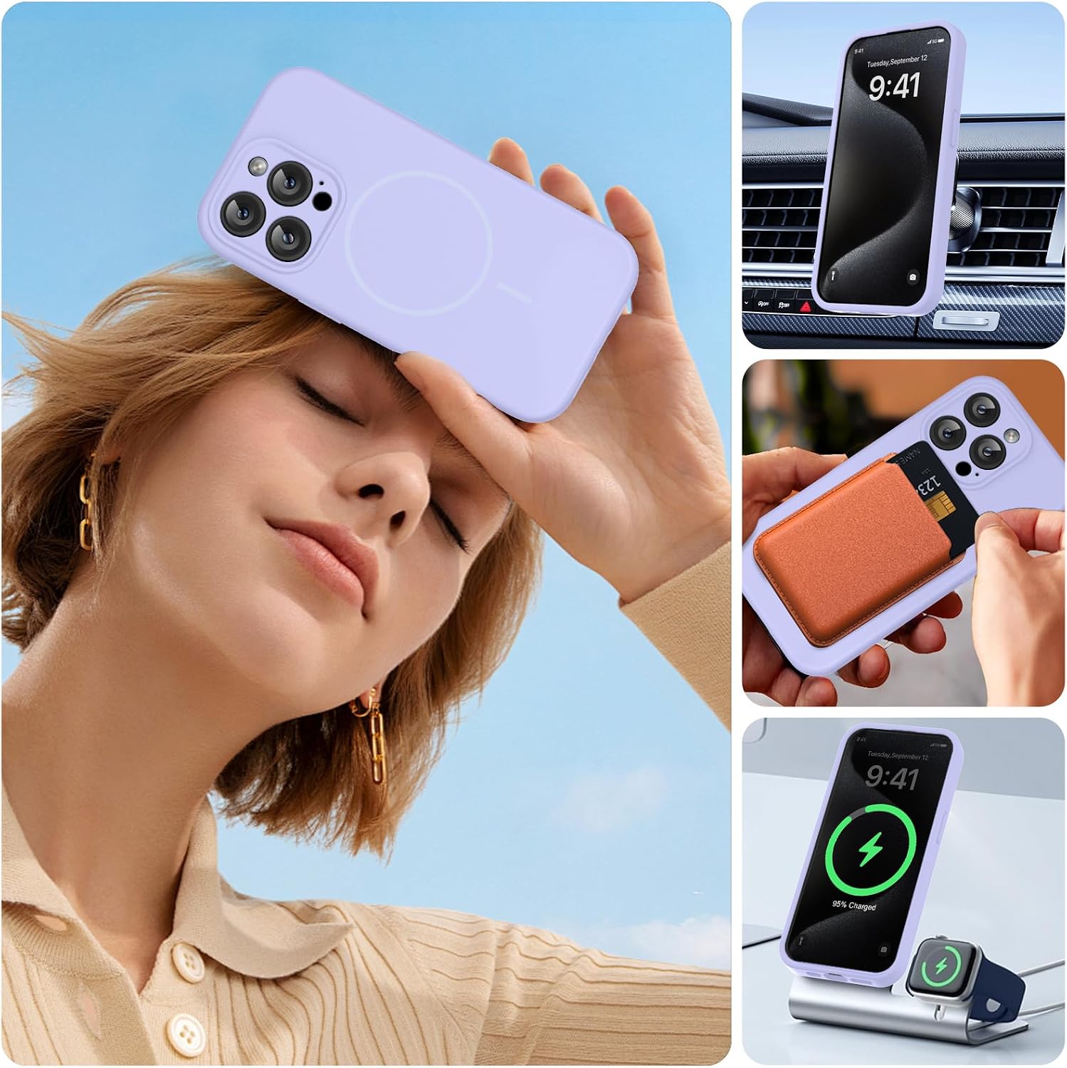 Miracase Magnetic for iPhone 15 Pro Case, [Soft Anti-Scratch Microfiber Lining], Compatible with MagSafe, Liquid Silicone Shockproof Drop Protection Phone Case for 15 Pro, Light Purple