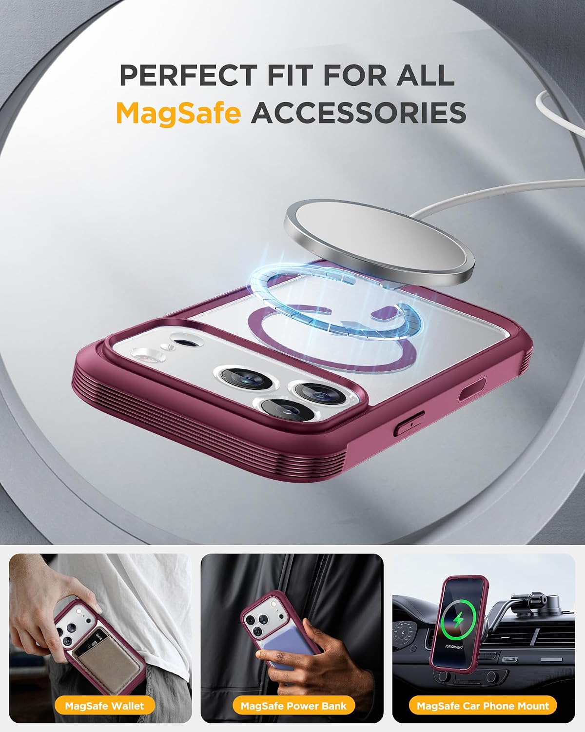 Miracase Magnetic for iPhone 17 Pro Case 6.3" [Compatible with MagSafe] Full-Body Phone Case with Built-in Glass Screen Protector & Camera Control,Drop Proof iPhone 17 Pro Cover, Deep Magenta