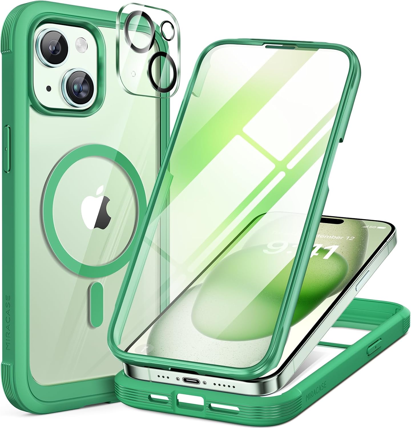Miracase Magnetic for iPhone 15 Plus Case 6.7'' [Compatible with Magsafe] Full-Body Military Drop Proof 15 Plus Phone Case Cover with Built-in 9H Tempered Glass Screen Protector,Magnetic Green