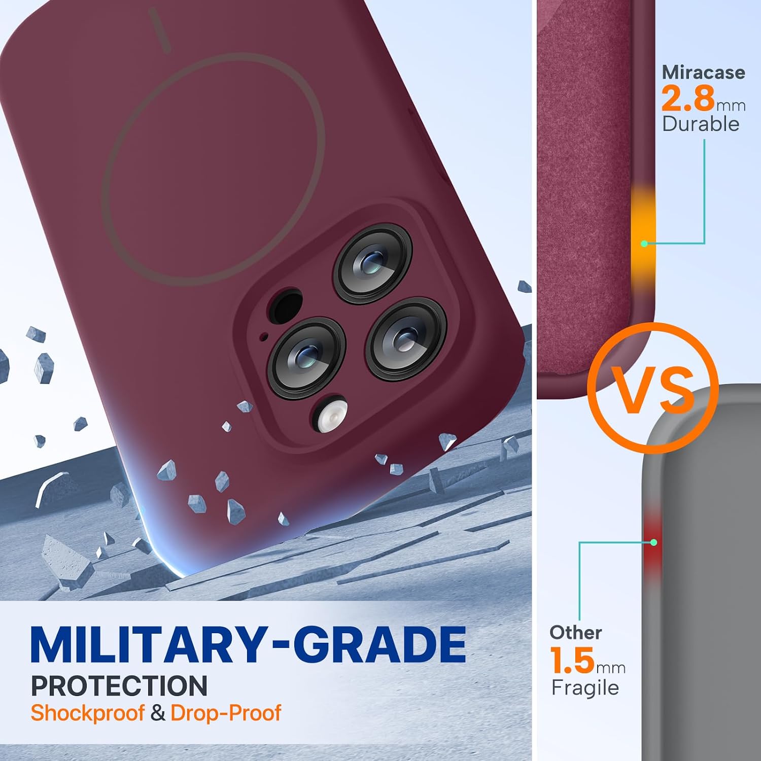 Miracase Magnetic for iPhone 15 Pro Max Case, [Soft Anti-Scratch Microfiber Lining], Compatible with MagSafe, Liquid Silicone Case Shockproof Drop Protection Phone Case for 15 ProMax, Wine Red
