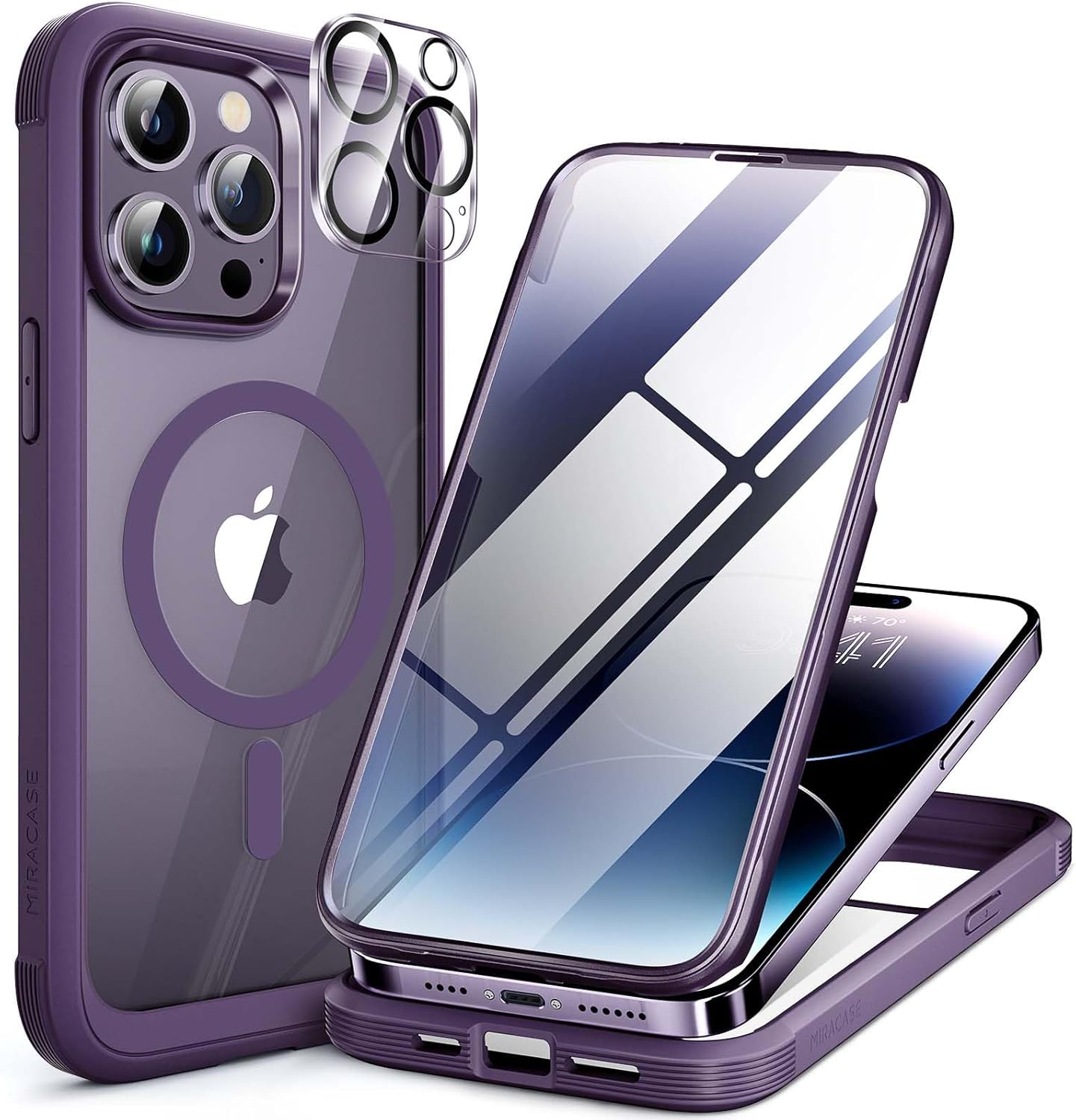 71Wr19IbYFL._AC_SL1500_ Miracase Magnetic for iPhone 14 Pro Case 6.1 inch, (Compatible with MagSafe) Upgrade Full-Body Clear Phone Bumper Case with Built-in 9H Tempered Glass Screen Protector, Magnetic Purple