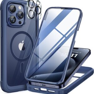 Miracase Magnetic for iPhone 12 Pro Max Case [Compatible with MagSafe] Full-Body Phone case with Built-in Glass Screen Protector& Camera Protector, Military Drop Proof 12 Pro Max Cover, Blue