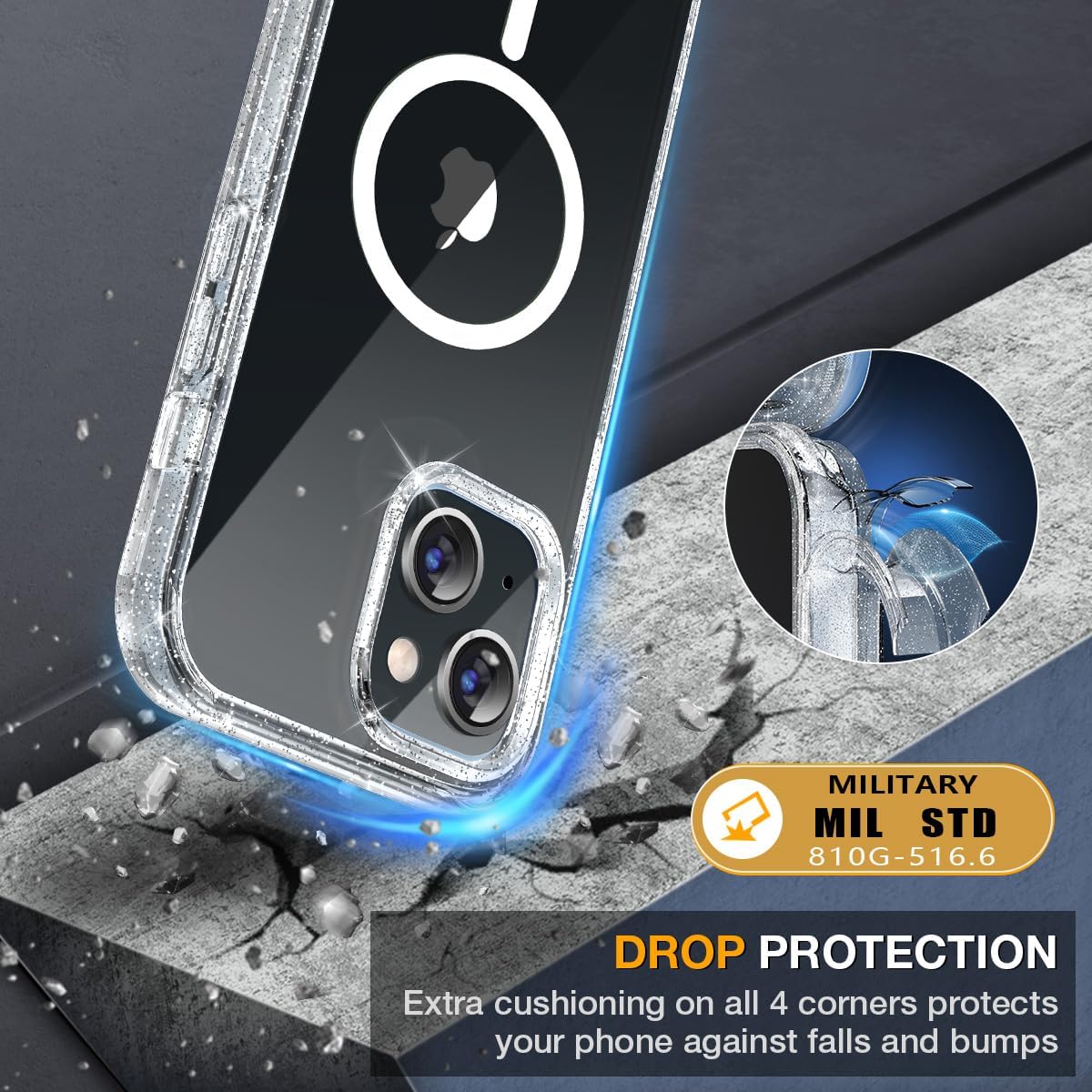 Miracase for iPhone 13 Case 6.1'', [Bubble Free] Full-Body Bumper Phone case with Built-in Full Glass Screen,No Gap,Compatible with MagSafe,Drop Proof 13 Cover,Clear Glitter