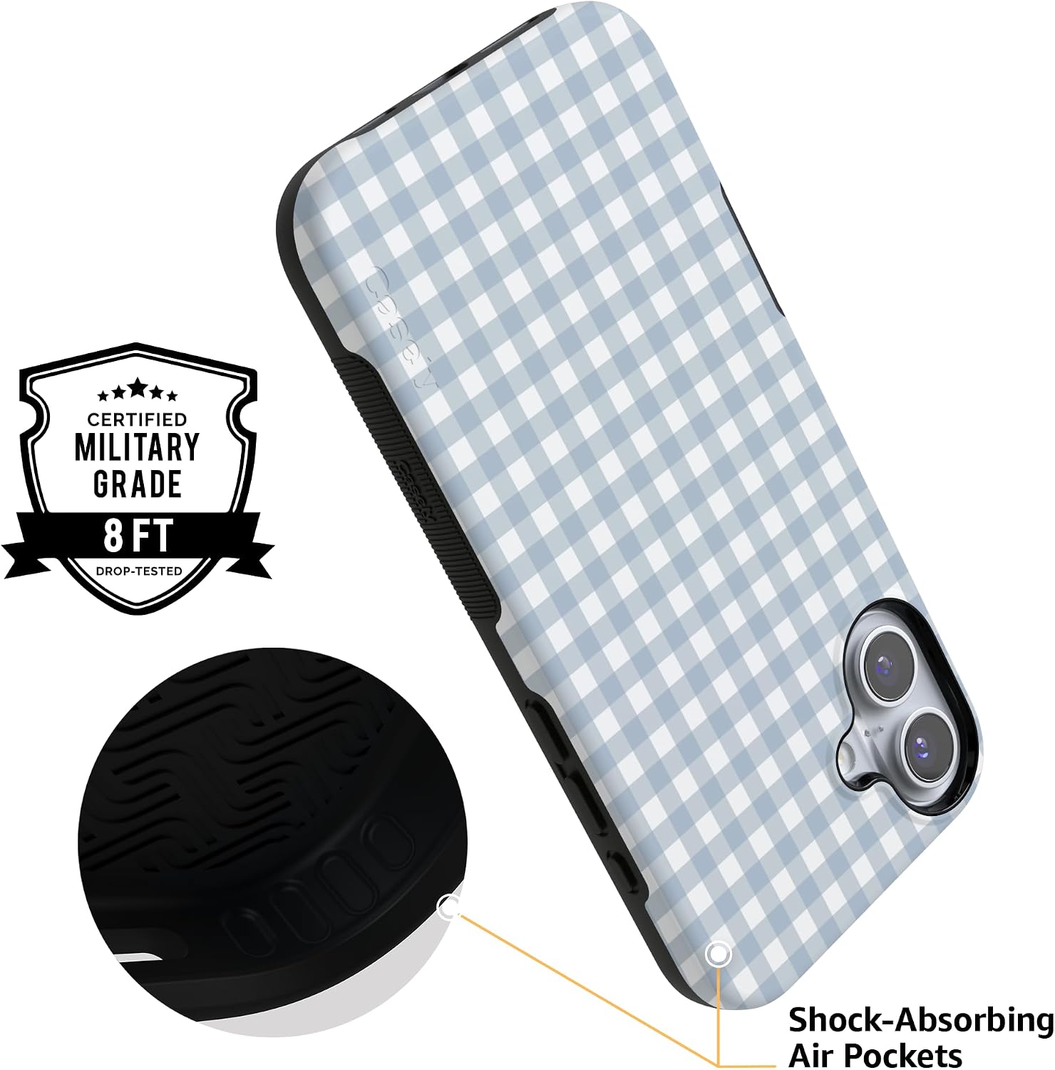Casely iPhone 16 Case | Pastel Picnic | Blue Gingham | Bold Protective Design | Compatible with MagSafe